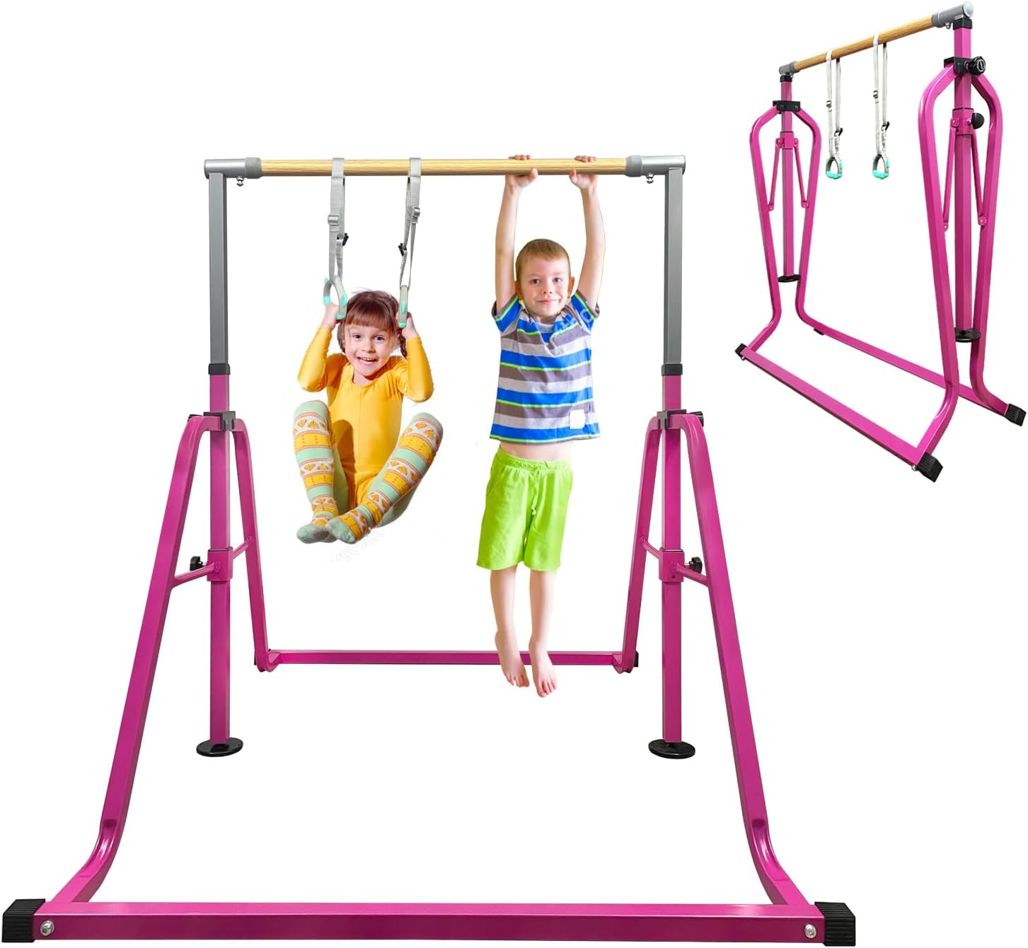GLANT Gymnastics Bar for Kids with Rings Set, 7 Heights Adjustable Easy Folding Gymnastic Training Bar Kids Monkey Horizontal Bars - Max Load 300LBS Foldable Pink with Rings