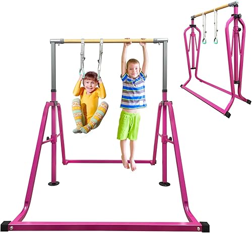 GLANT Barra de gimnasia para niños con juego de anillos, 7 alturas ajustables, fácil de plegar, barra de entrenamiento de gimnasia para niños,