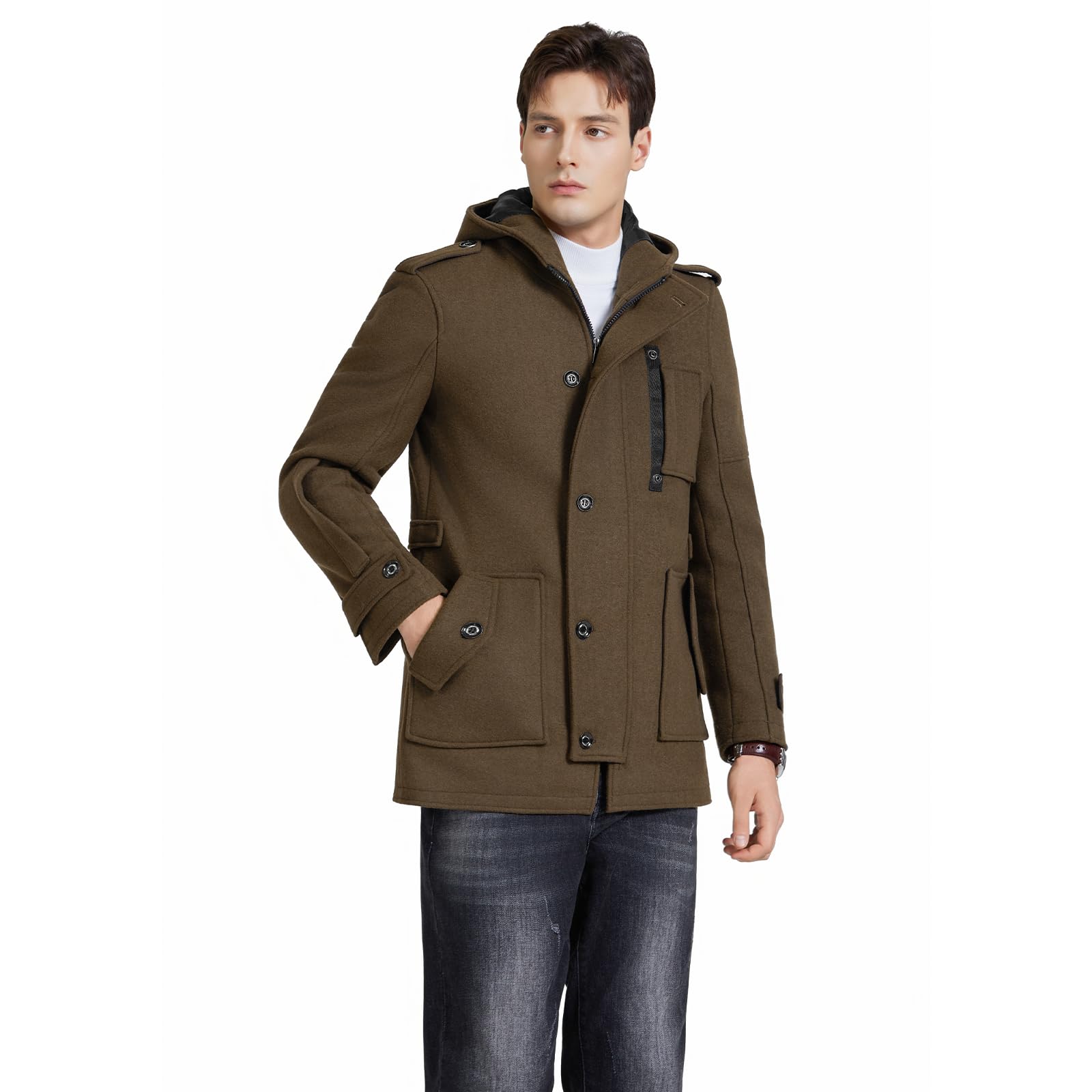KUDORO Herren Wintermantel Wolle Kurzmantel mit Kapuze Wollmantel Mittellang Slim Fit für Business Freizeit Peacoat Casual
