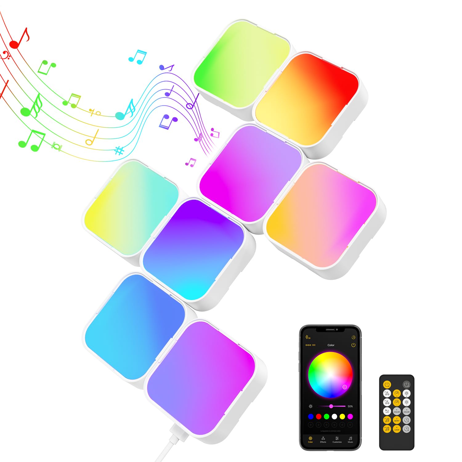 LinkedSparx - 8 Pack Square Wall Lights with RGB Panel, LED Music Sync Gaming Lights with Smart App and Remote Control for Home Living Room Decor,