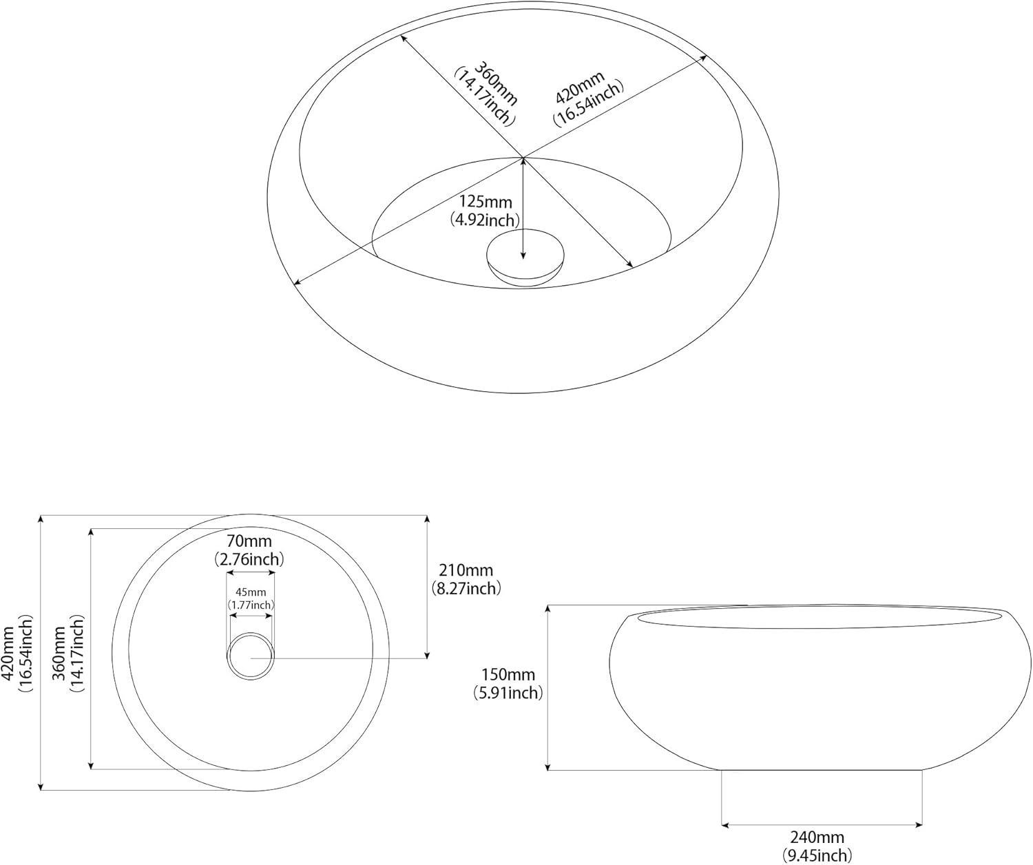 Vessel Sink Round 16 Inch Bathroom Sink, Counter Top Black+ Coffee Color Cloakroom Porcelain Ceramic Vessel Vanity Sinks Art Basin for Bathroom (Black+ Coffee)