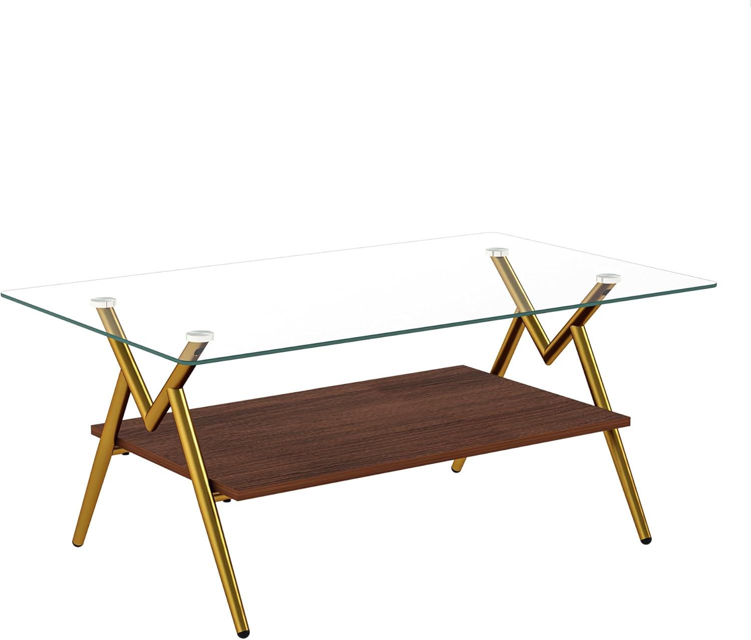Mid-Century Modern Coffee Table, 38.6" Glass Coffee Table with Wood Storage Shelf and Gold Metal Legs, Rectangle Tempered Glass Living Room Center Cocktail Tea Tables for Small Space