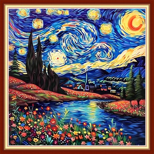 Image of Funxvoot Stamped Cross Stitch Kits for Beginners or Adults Embroidery Starter Patterns | DIY Printed Cross Stitch Kits Needlepoint for Adults or Kids 11CT-Van Gogh's Star River 18x18 inch