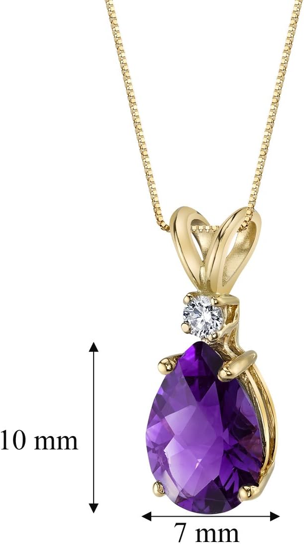 PEORA Solid 14K Yellow Gold Amethyst with Diamond Pendant for Women, Genuine Gemstone Teardrop Solitaire, 1.60 Carats total, Pear Shape, 10x7mm, Real Amethyst Necklace, February Birthstone Necklace