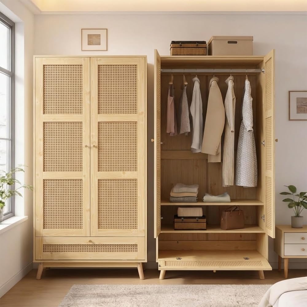 Armoire Chambre,Armoire avec penderie, Armoire 2 Portes, Chambre, Filet en rotin, Salon, avec Couvercle inférieur Rabattable, Panneaux de Particules et rotin PE