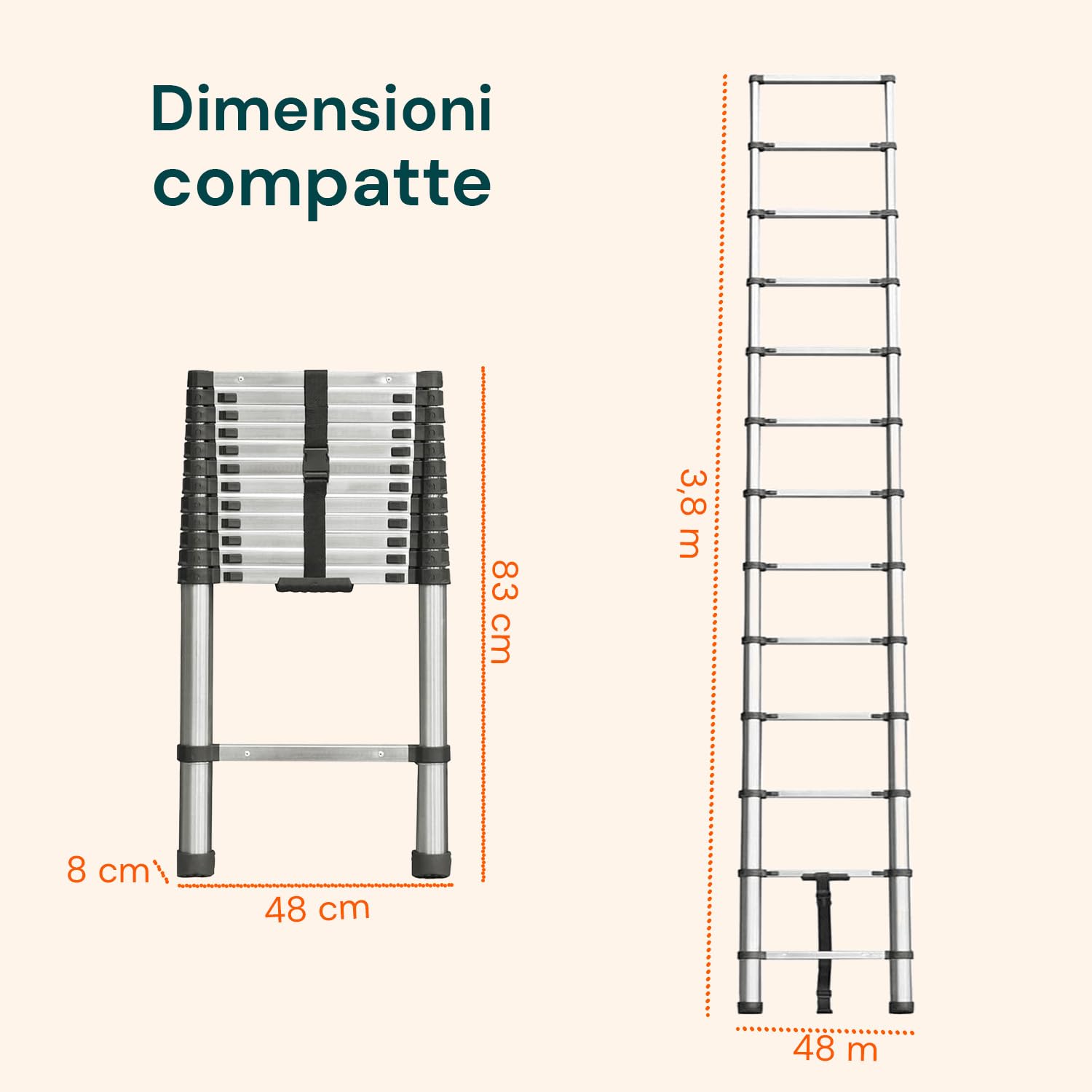 Avilia - Escalera telescópica de Acero Inoxidable 3,8 m 13 peldaños Escalera Plegable para casa y Trabajo Escalera Extensible Ahorra Espacio con Bloqueo de Seguridad