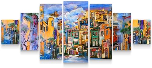Miniatura 3 de Startonight Lienzo decorativo grande abstracto para pared, la ciudad con encantadores árboles azules, juego moderno de 7 paneles de 40 x 95 pulgadas