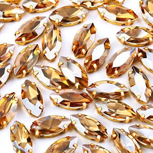 50Pcs Sew on Rhinestones 9x18 mm Flatback Glass Rhinestone Horse Eye Rhinestones with Gold Claw for DIY Crafts Clothes Bag Shoes,Champagne