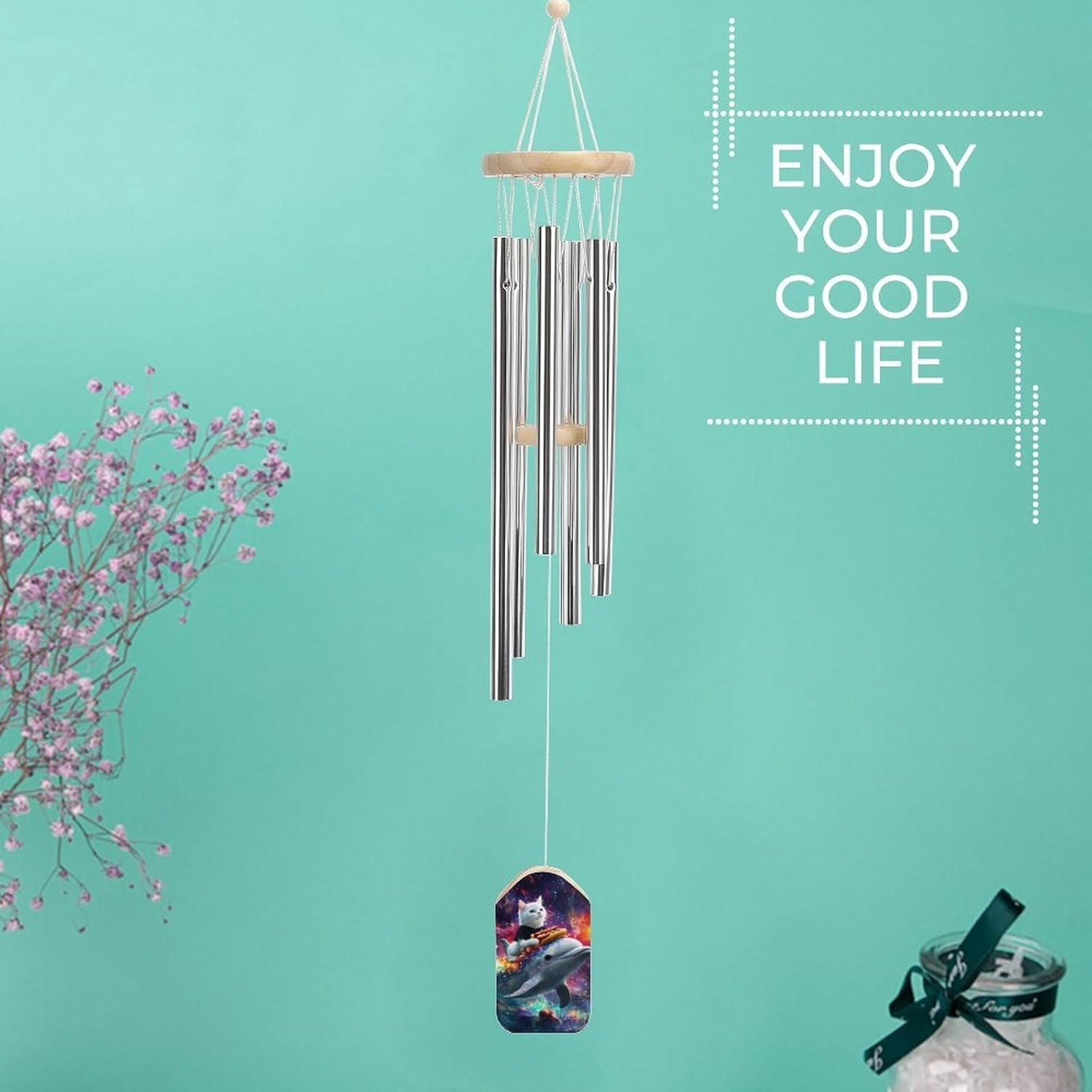 Cat Riding on Dolphin Hot Dog Wooden Wind Chimes Deep Tone Memorial Windchime for Outside Garden Home Decoration