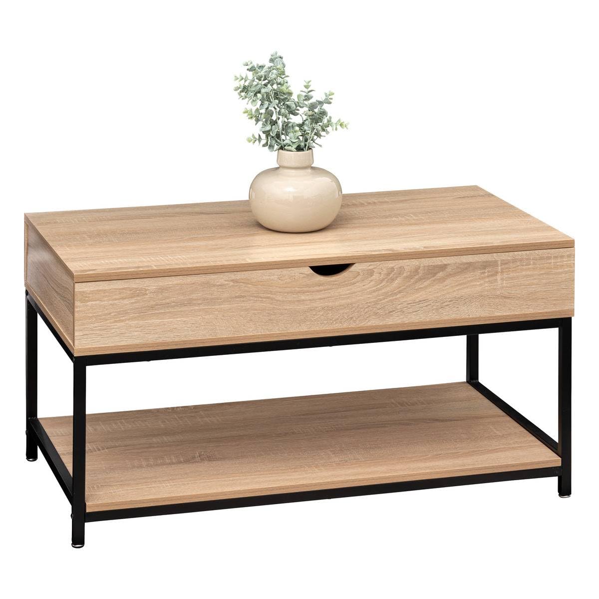 5five Aliaj Couchtisch mit Hubfunktion 95x50x51 cm Eichenoptik schwarzes Metall Schublade Stauraum
