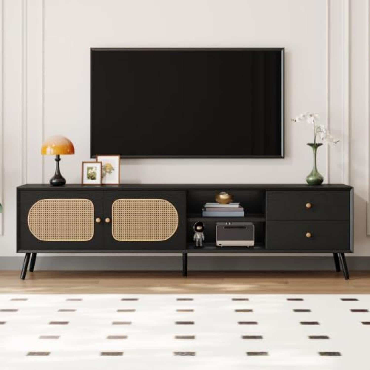 70" TV Stand for TVs up to 80 Inches, Mid Century Modern Entertainment Center with Rattan Doors, 2 Drawers, and Open Shelf, Television Stand for Living Room