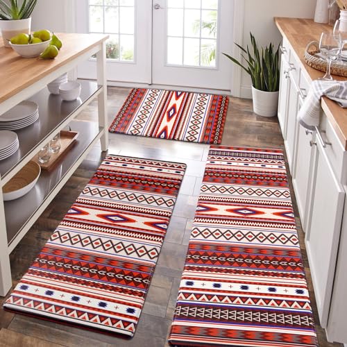 Aspmiz OD549-PVC-3-Q-P#3 Farmhouse Kitchen Rugs Set Of 3 Non Slip, Waterproof Cushioned Kitchen Mat Anti Fatigue Kitchen Floor Mat, Geometric Boho Kitchen Sink Rug Standing Mat,18 Inch X 30"+18'' X 48''+18'' X 60''