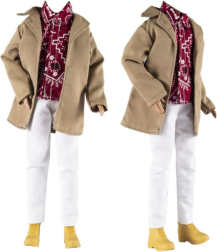 E-TING Trench Coat Pack = 5 Sets Fashion Casual Wear Clothes Outfit for boy Doll (1 Set Khaki Long Jacket Overcoat +3 Sets Casual Wear Clothes +1pc Swim Trunks)