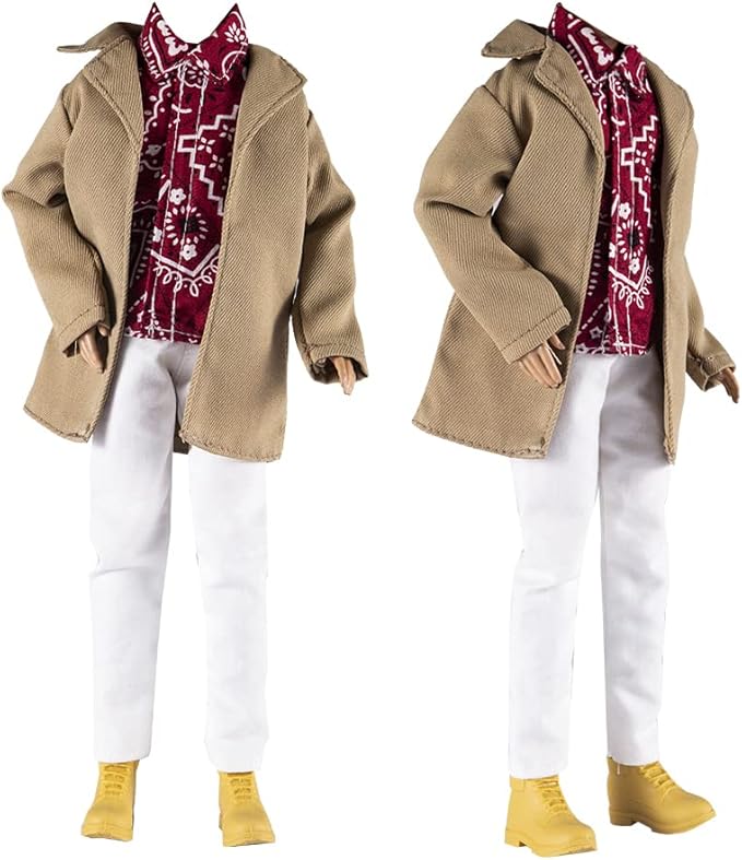 E-TING 10-Item Trench Coat Pack = 5 Sets Fashion Casual Wear Clothes Outfit +5 Pairs Shoes for boy Doll Random Style (Khaki Long Jacket Overcoat + Casual Wear Clothes +Swim Trunks)