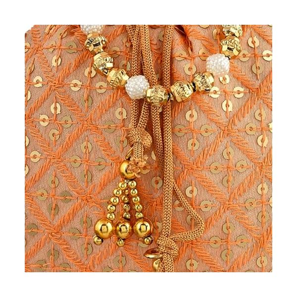 Kuber Industries Potli | Silk Wedding Potli | Drawstring Closure Potli | Wallet Potli | Christmas Gift Potli | Baby Shower Potli | Traditional Shagun Potli | Single Side Sequins-Potli | Peach - Image 6