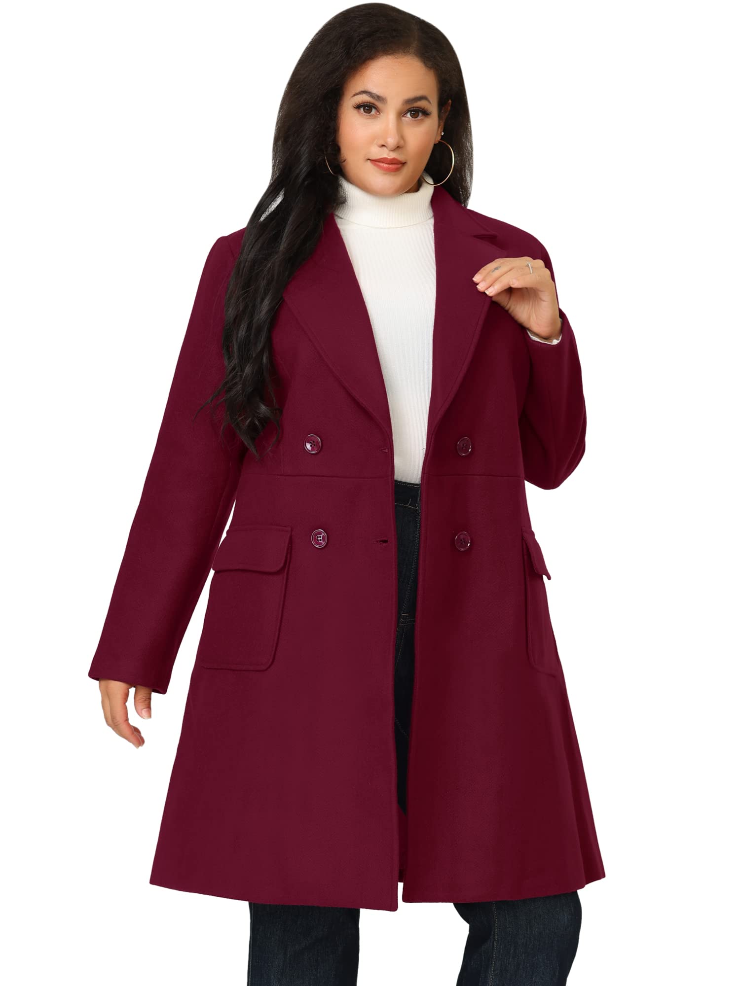 Agnes Orinda Womens Plus Size Long Winter Coats Notch Lapel Double Breasted Pea Trench Coats
