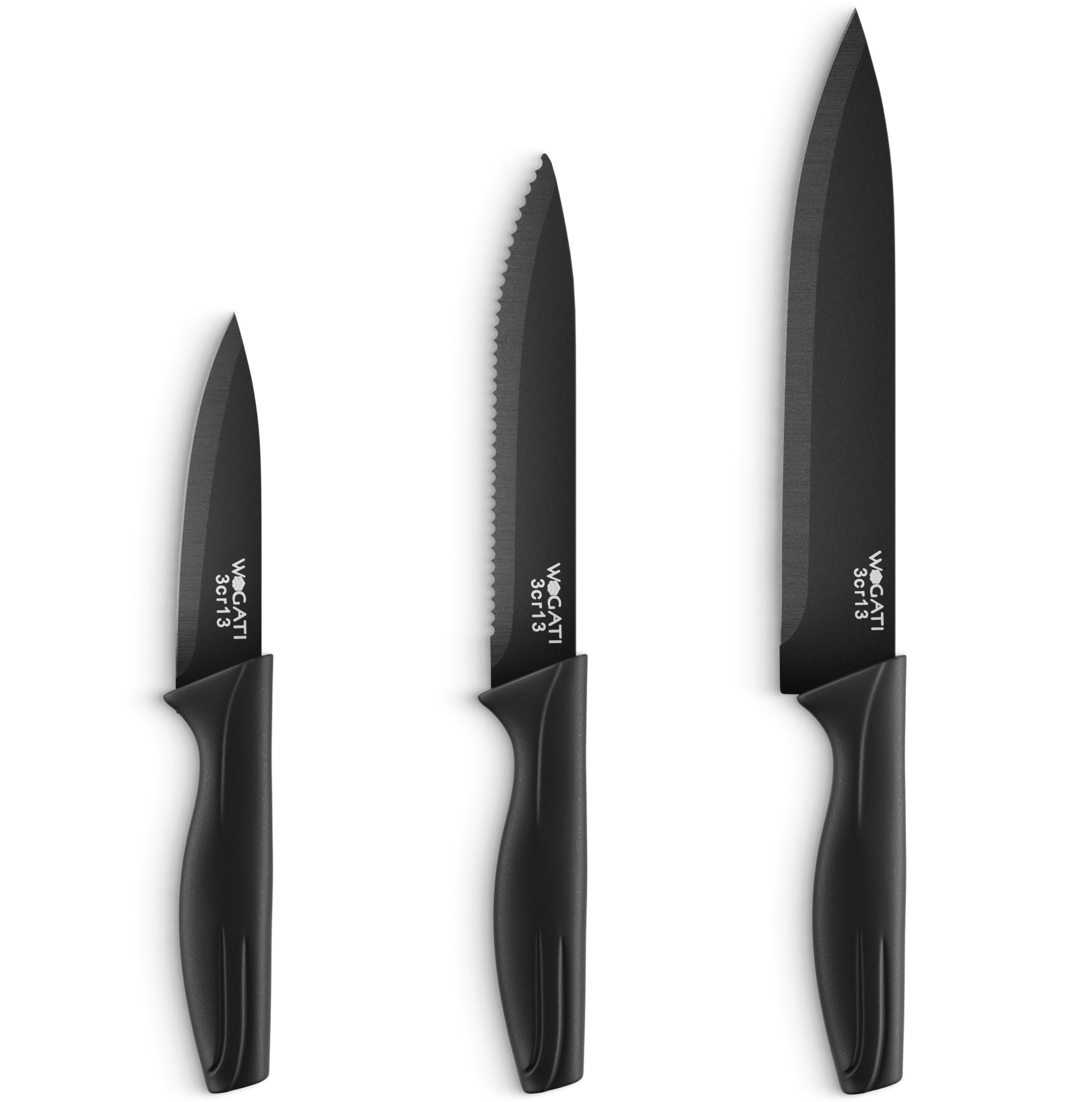 WAGATI Kitchen Knife Set of 3 – Black Kitchen Knives – Stainless Steel Non Stick Blades – Includes Chef Knife, Tomato Knife & Paring Knife – Ergonomic Soft Touch Handle