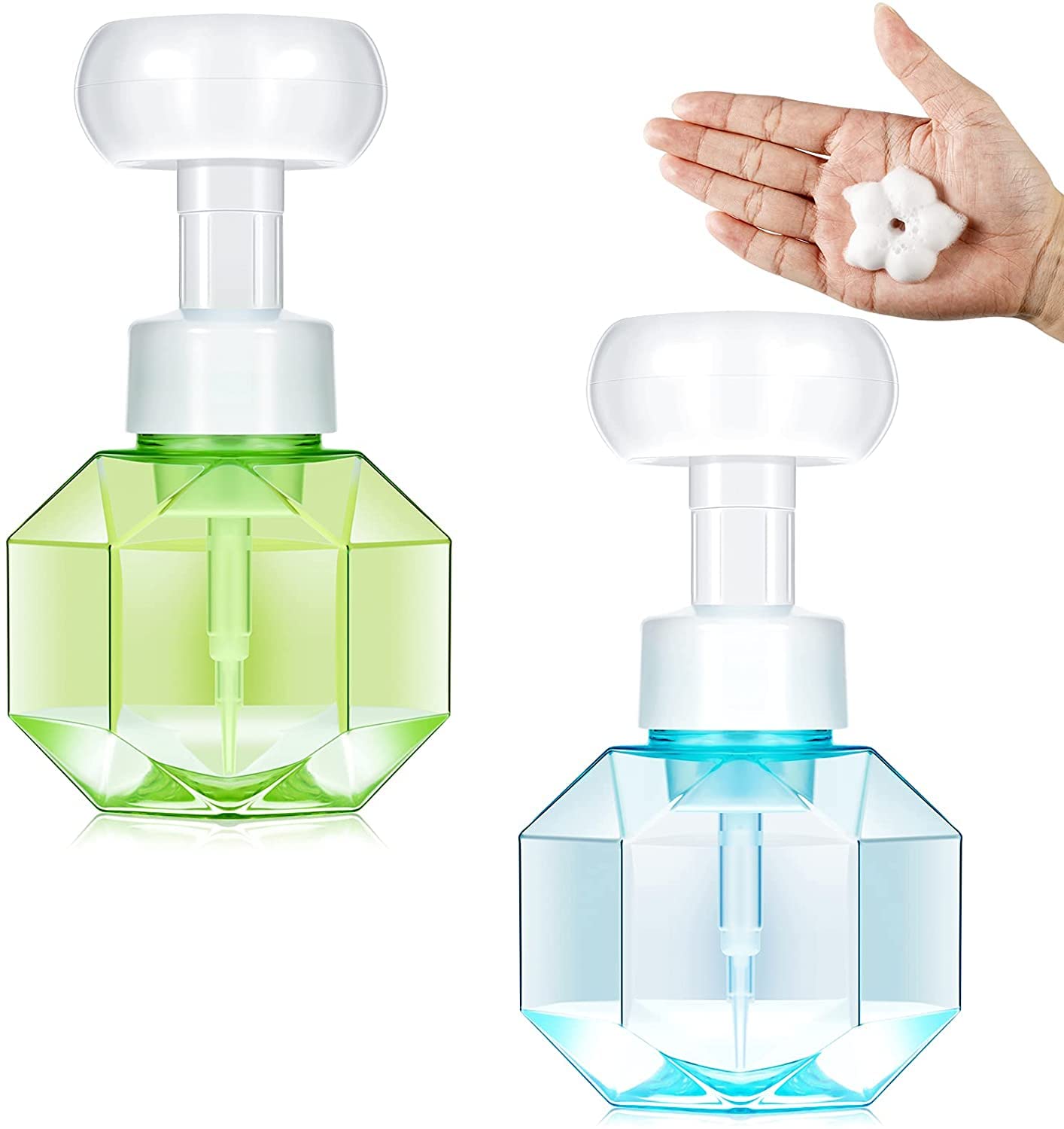 KASTWAVE Foaming Soap Dispenser, Flower Shape Refillable Bottle 300ML Bottle, Empty Foam Liquid Hand Soap Containers BPA Free Plastic Press Bottles for Kitchen and Bathroom (2 Pcs, Blue and Green)