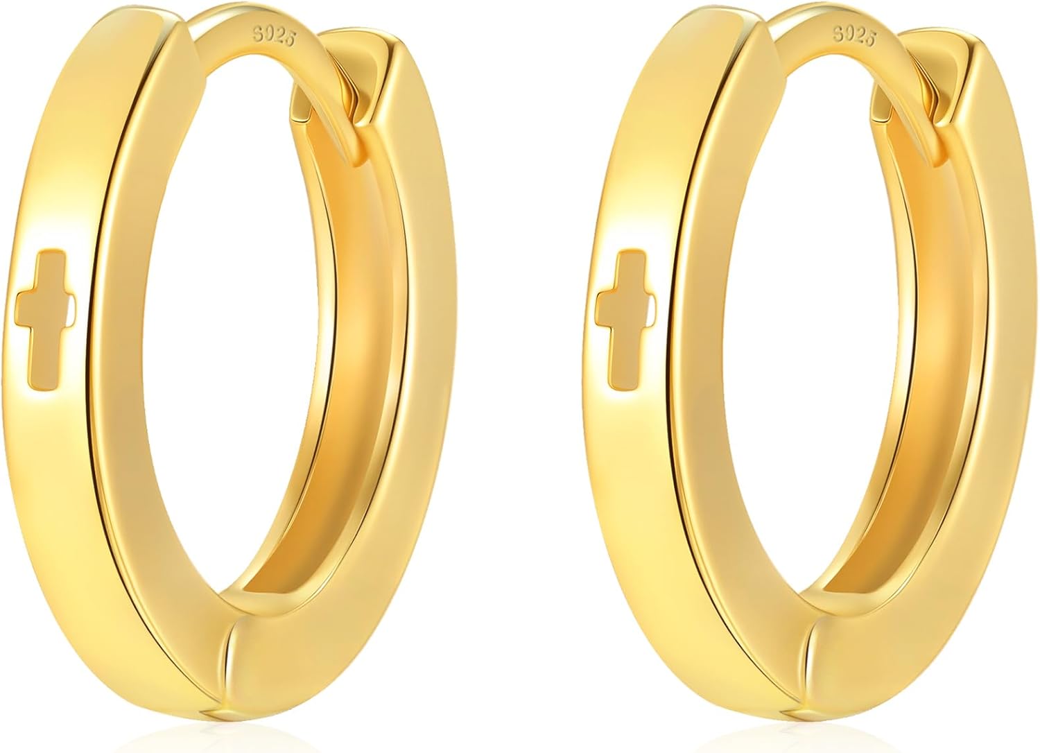Small Cross Huggie Hoop Earrings for Women 925 Sterling Silver Post 14K Gold Plated Mini Hollow Cross Hoop Earrings for Women