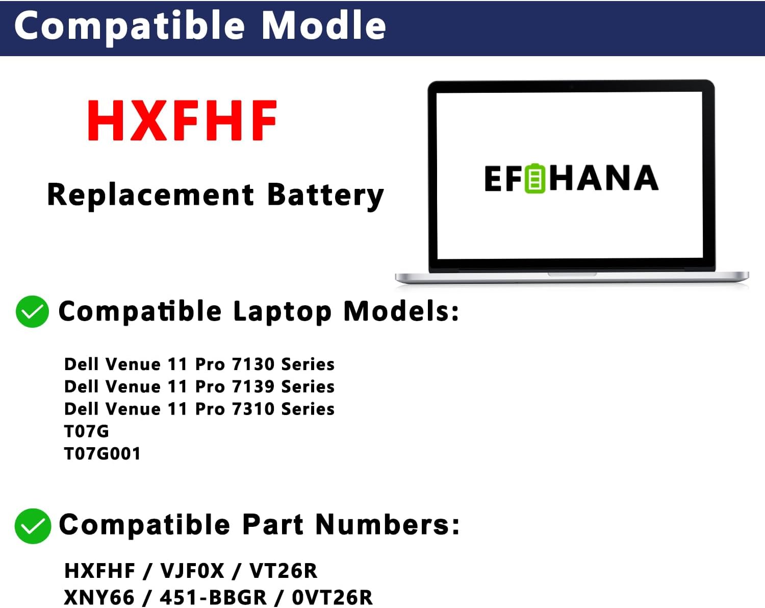 HXFHF Laptop Battery Replacement for Dell Venue 11 Pro 7139 7310 T07G T07G001 i3-4020Y i3-4030Y i5-4300Y i5-4210Y Series Notebook VJF0X VT26R XNY66 451-BBGR 451-12170 0VT26R 7.4V 36Wh