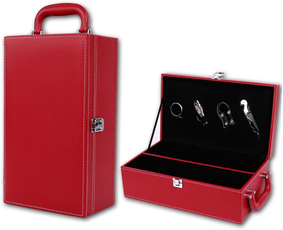 PU Leather Bottle Modern Top Handle Wine Box Travel Storage Box Champagne Bottle Case Holder Carrier with 4 Piece Wine Accessory Set (Two Bottle Red)
