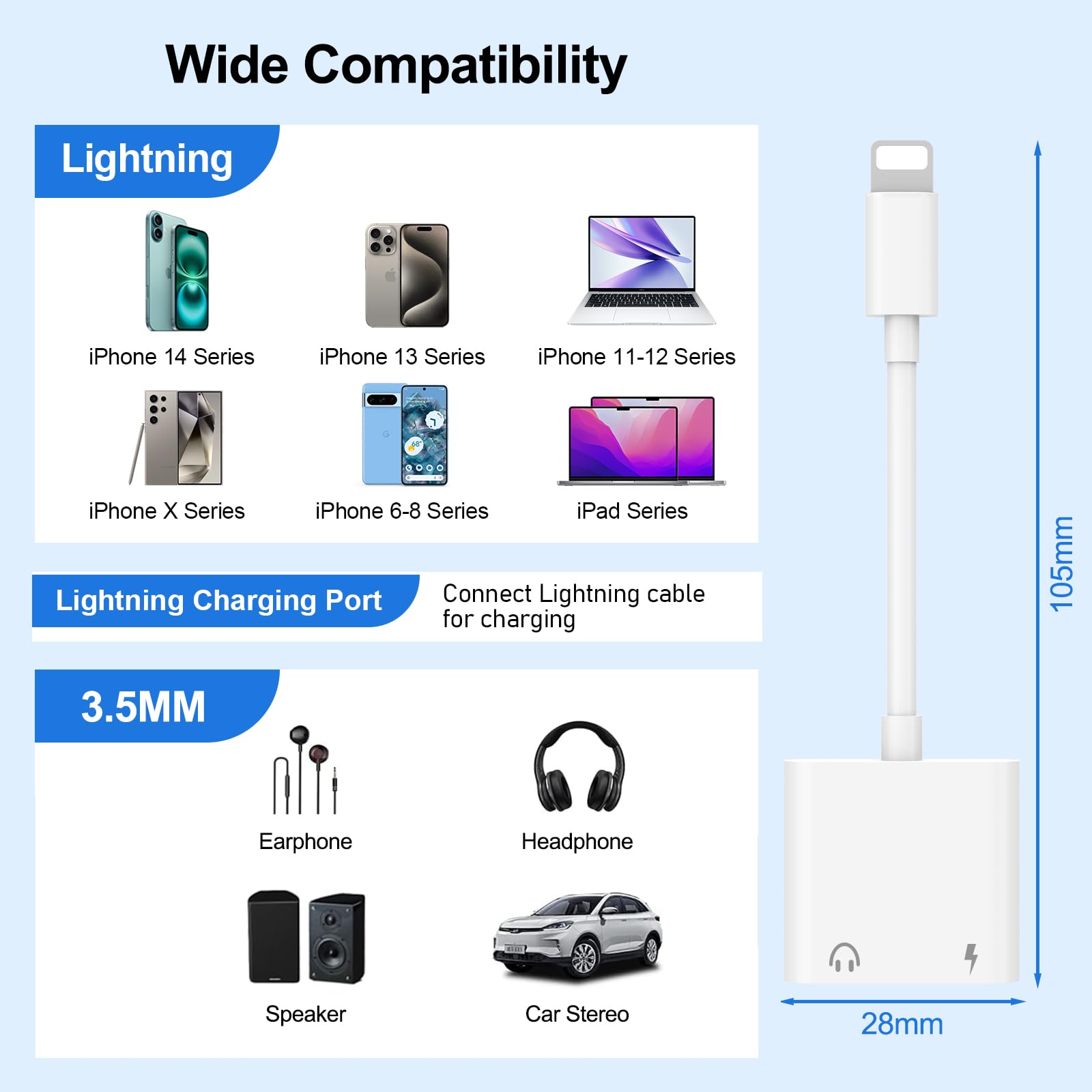[Certyfikat Apple Mfi] Adapter Lightning do Gniazda Słuchawkowego 3,5mm Z Funkcją ładowania, 2 W 1 Adapter Słuchawkowy, Konwerter Słuchawkowy Kompatybilny Z iPhone'em 14-11/Xs/Xr/X 8/iPadem