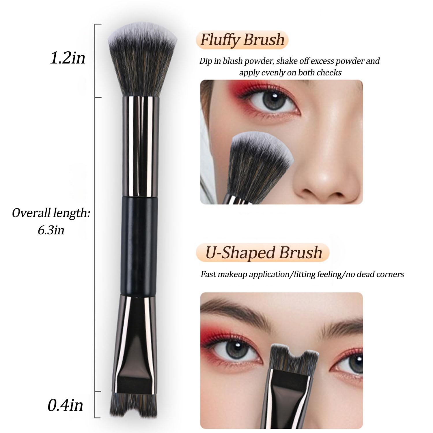 2 brochas de contorno de nariz, brochas de contorno en forma de U para maquillaje, cepillo esponjoso multifuncional de doble extremo, cepillo corrector plano suave en ángulo para mujeres y niñas