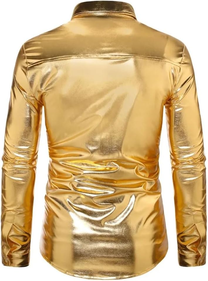 Men's Lapel Sequined Patchwork Long Sleeve Solid Shirt Vintage Casual Party Dance Shirts