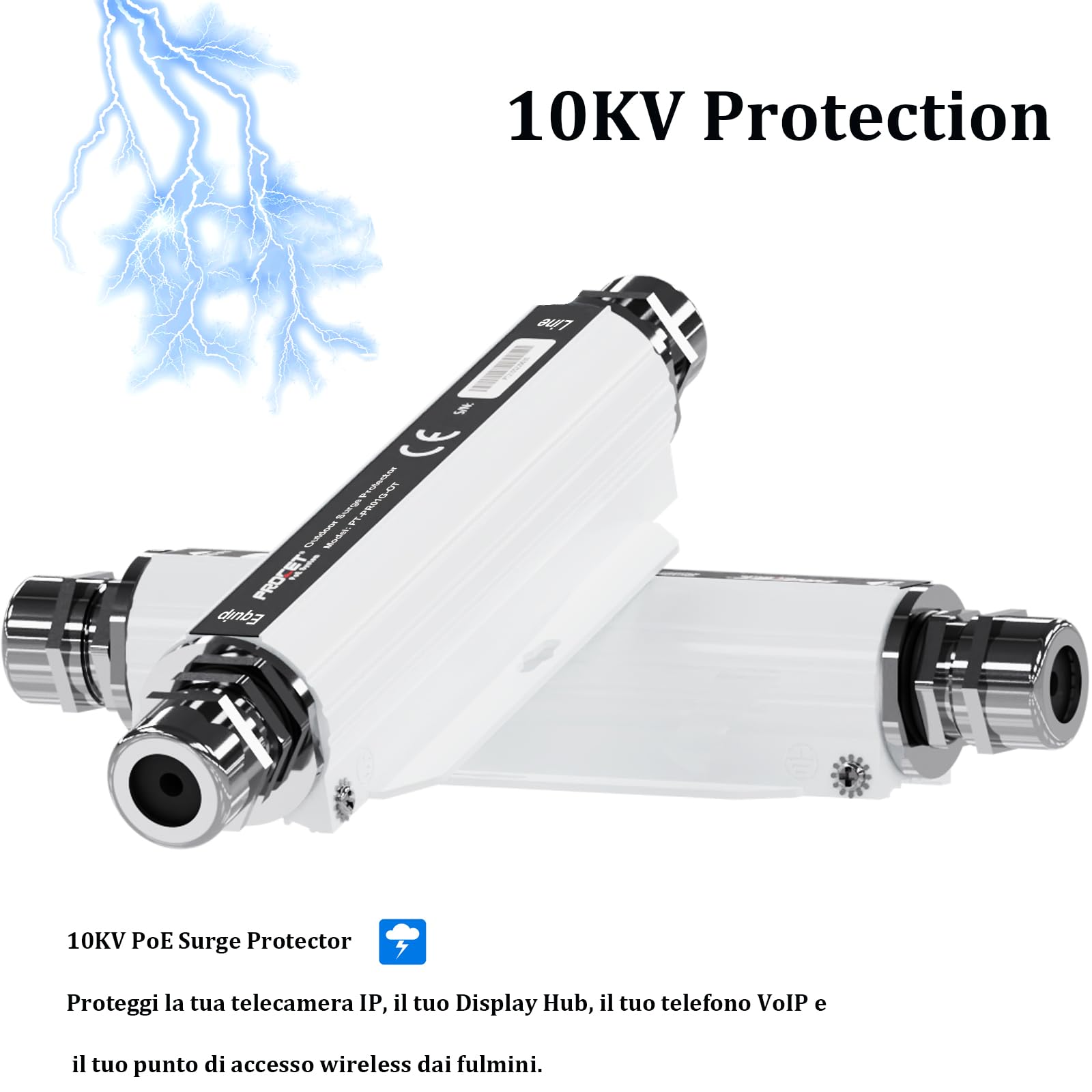 PROCET 10KV PoE Surge Protector Outdoor Gigabit Fino a 60W, 40℃ a 65℃, Lega di Alluminio IP67 Impermeabile Ethernet Thunder Surge Arrestor, PT-PR01G-OT