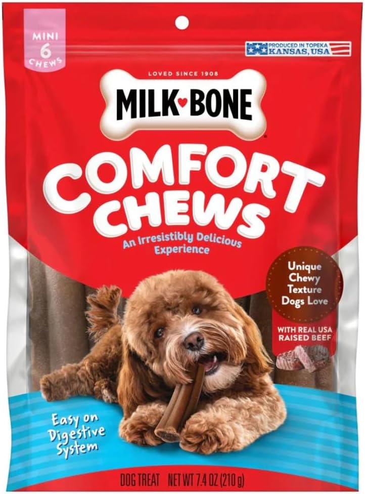 Milk-Bone Mini Comfort Chews: Real Beef Dog Treats with Chewy Texture, Rawhide-Free, 7.4oz Bag of 6