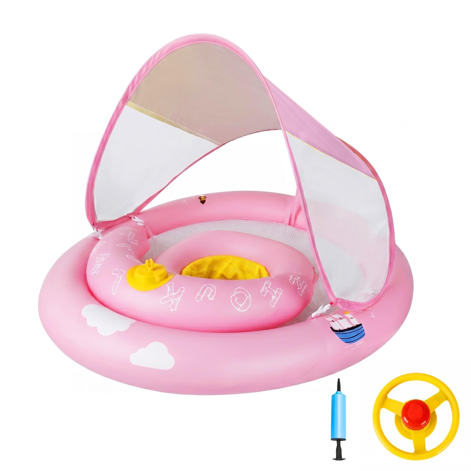 MYCARBON Salvagente Neonato 6 Mesi – 30 Mesi con Parasole Mutandina Regolabile Salvagente Bambini con Pompetta Galleggiante Ciambella per Mare Piscina