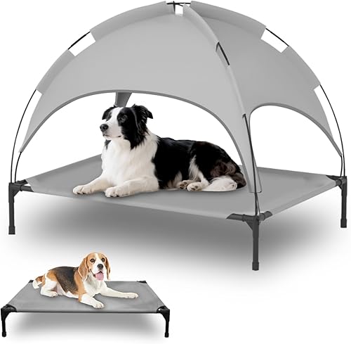 Cama grande para perros al aire libre con toldo y 4 estacas resistentes al viento, sombra al aire libre y protección solar, cama elevada desmontable