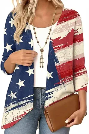 Beopjesk 3/4 Sleeve America Flag Cardigan for Women Summer 4th of July Patriotic Kimono Cover Up Blouse Tops