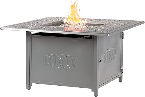 Mesa cuadrada de aluminio para fogata de propano de 42 x 42 pulgadas con cuentas de vidrio, dos tapas, tapa, 57,000 BTU en acabado blanco