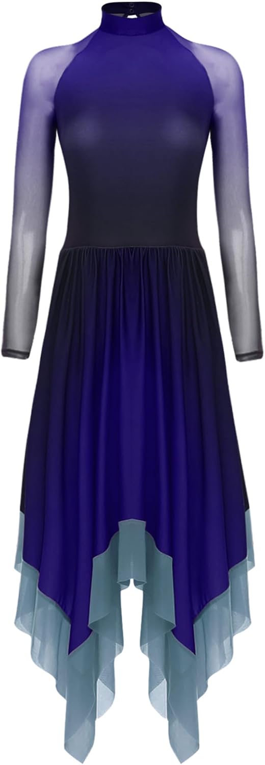 Women's Gradient Color Praise Dance Tunic Long Sleeve Irregular Overlay Liturgical Dance Dress