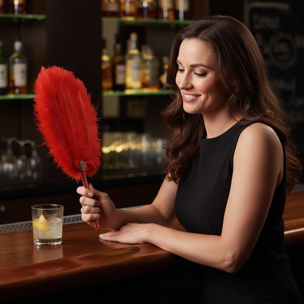 Ostrich Feather Fan for Bridesmaids Hand Fans, a 20s Gatsby Wedding Bouquet and Vintage Bridal Feather Bouquet with Chic Art Deco Style (Red)