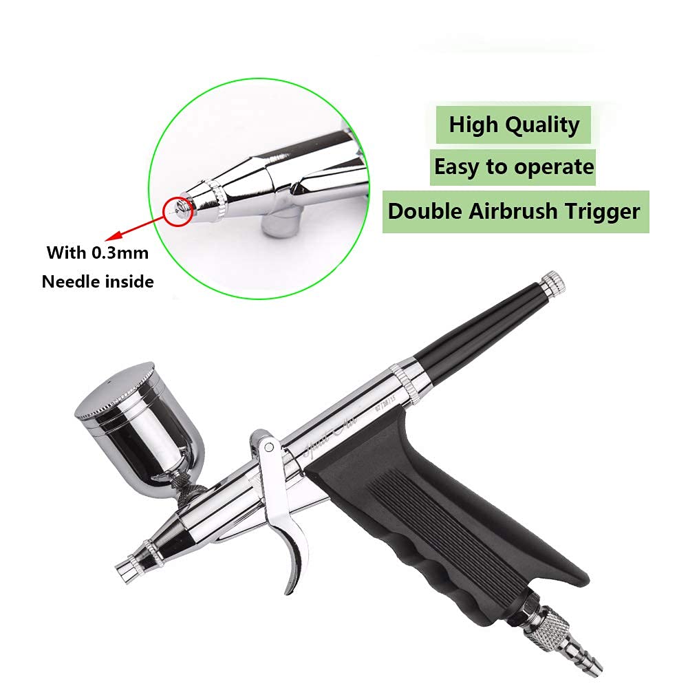 166K Airbrush Kit Dual Action Airbrush Trigger Spray Gun with 0.3mm Needles & Air hose +Plastic Air Brush Stand Holds
