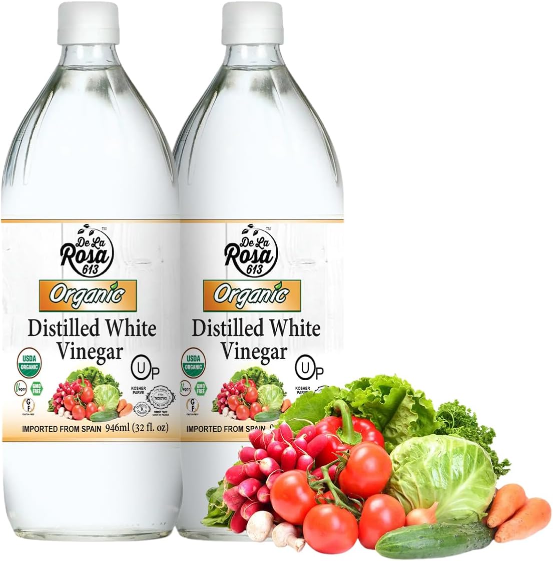 De La Rosa Organic Distilled White Vinegar, White Vinegar Raw & Unfiltered, Kosher for Passover, Vegan & Gluten Free, Great for Salad Dressing, Marinades, 32 Oz (Pack of 2)