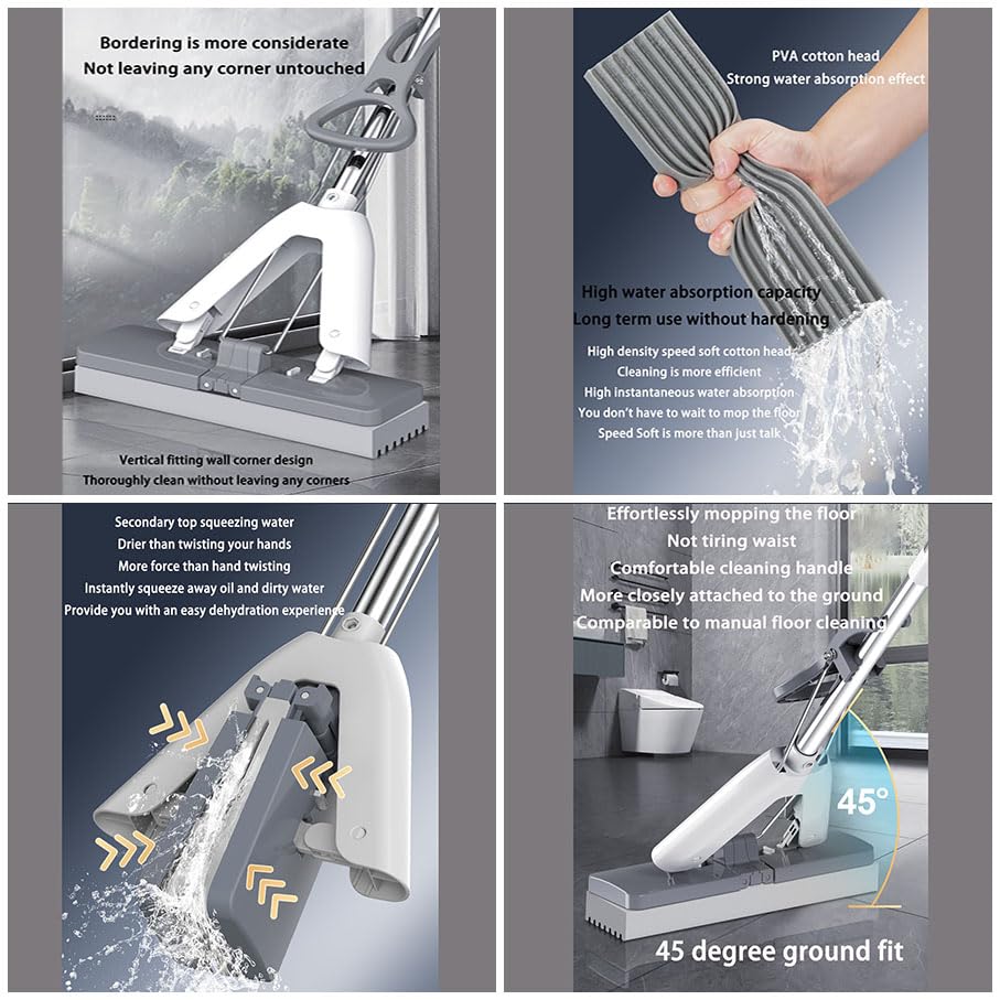 Selbstwringender Bodenwischer mit Ausziehbarem Griff Aus Edelstahl, PVA Super Saugfähige Schwamm Wischmopp Set mit Eimer, Dual Use of Dry and Wet, für Böden, Wände, Fenster, Decken,F,35x137cm – Bild 7