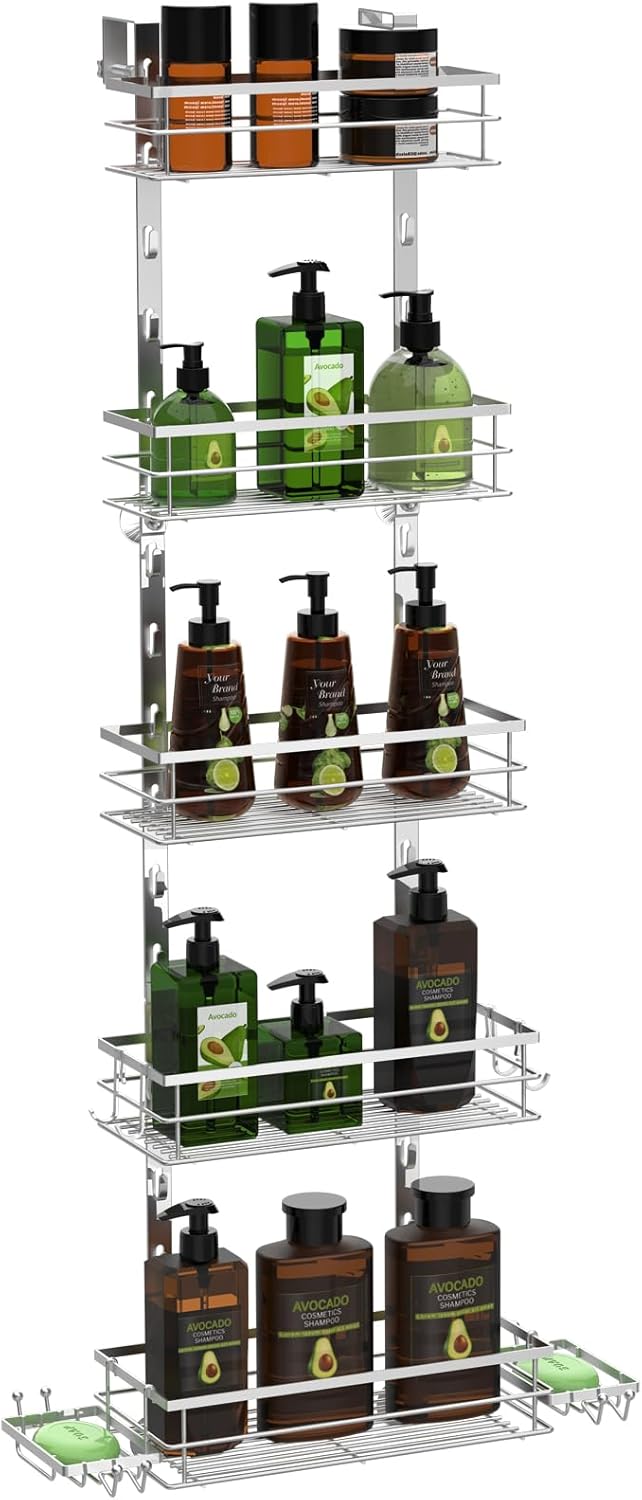 Shower Caddy Hanging,5Tier Shower Basket Shelf, Over Door Bathroom