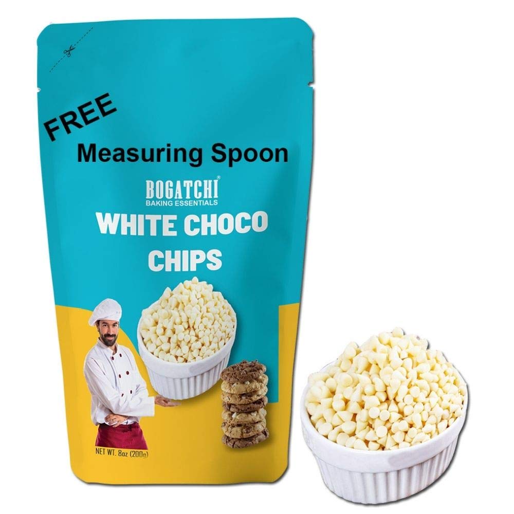 BOGATCHI Choco Chips for baking, Chocolate Chips for Decoration Coffee, Ice Creams and Shakes, White Chocolate Chips, White Chocolate Chips, Gluten Free and Tasty, 200g with Free Measuring Spoon