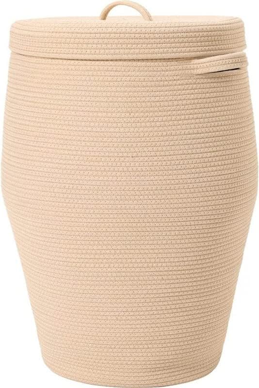 GRATIFY Mans traders Large Woven Rope Laundry Basket, with Lid 60L, 16" Wx18 H Woven Laundry Basket Tall Dirty Clothes Hamper with Handles Storage Blankets (Brown),Cotton