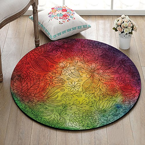 LB Tapete floral redondo vermelho e verde, estilo hippie, estampa de flores e folhas para sala de es