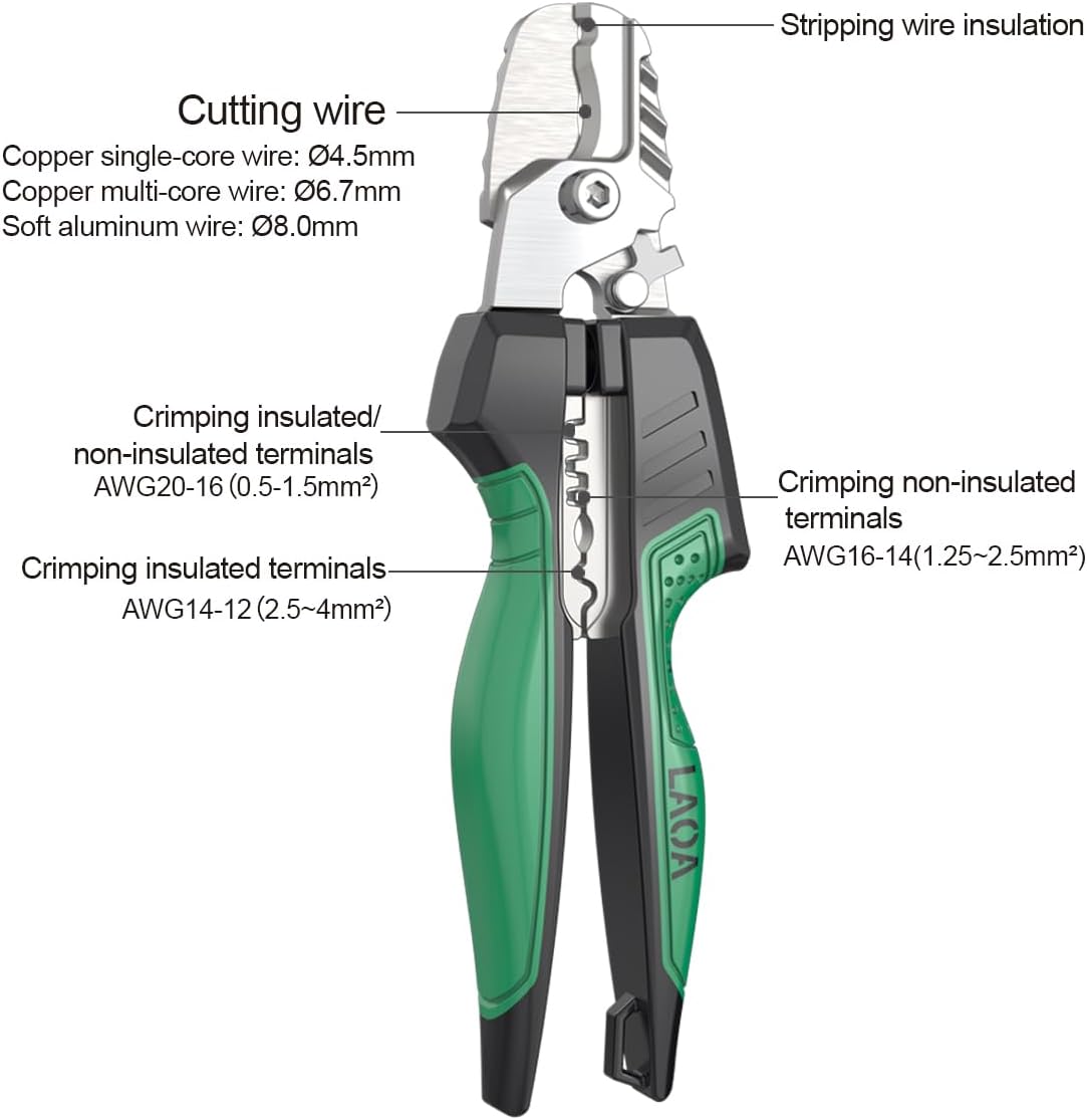 LAOA Stainless Steel Cable Cutter - 8in Professional Multi-Function Wire Cutting, Stripping, Crimping Tool with Arc Blade, Labor-Saving Spring for Electrical Work