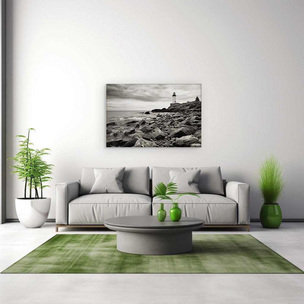 Canvas for Living room. Lighthouse Watch: A Monochrome Masterpiece Capturing Nature's Grandeur, 27 x 18 inch Canvas Wall Art - Contemporary Masterpieces - Modern Home Decor