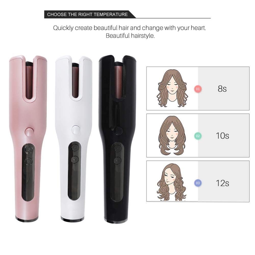 Arricciacapelli Ferro Arricciacapelli Automatico Senza Fili Bacchetta Di Curling Rotante Elettrica Display Display LCD Controllo Della Temperatura Di Ricarica USB E Impostazione Del Timer.,Black