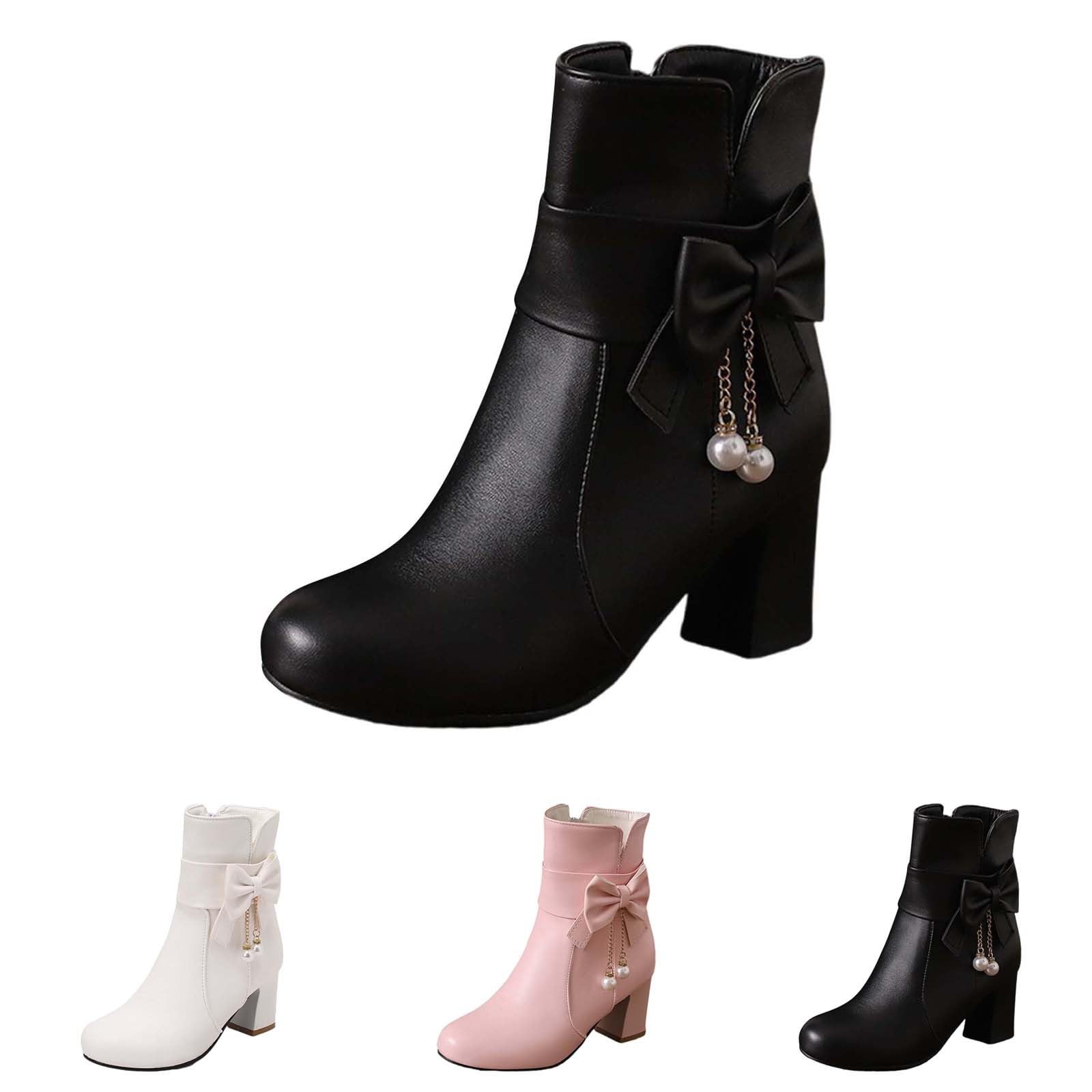 Comodi Stivaletti Da Donna Con Tacco Corto - Stivali In Pelle Donna Elegantemente Imbottiti Con Papillon Laterale - Mezzo Stivale Cerniera Nero Inverno Stivali Mezzo Alto Papillon Rosa