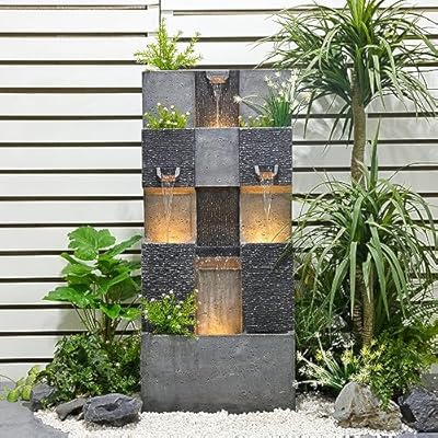 Bumilgar 45.3 Inch Garden Water Fountains Outdoor for Garden, Patio, Backyard, Deck, Porch and Home Art Decor, 3 Tiers Modern Cascading Outdoor Waterfall Fountain with Lights
