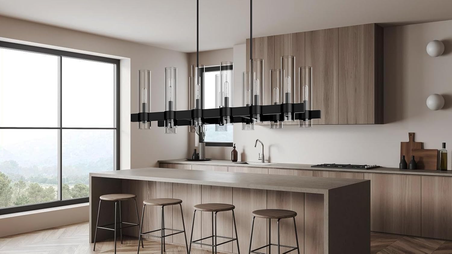 Black Linear Chandelier, 40 Inch 12-Lights Modern Kitchen Island Dining Room Over Table Light Fixture, Industrial Farmhouse Large Pendant Lighting with Glass Shade