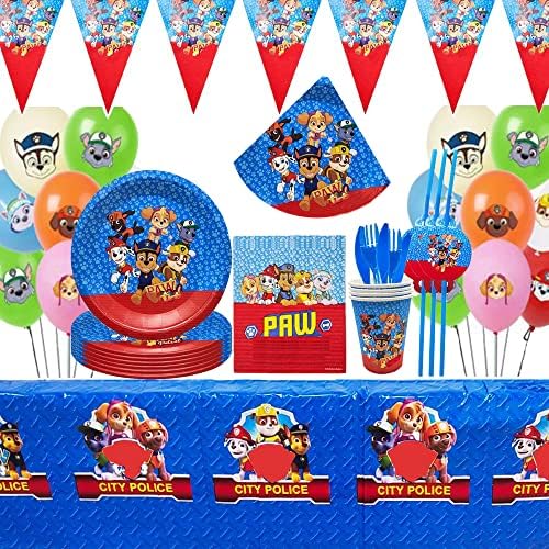 Blue Red Paw Dog Patrol Birthday Decorations for Girls, Birthday Party Supplies Serves 10 Guests with Plates, Balloons, Tablecloth, Napkins, Banner,Hats,Cups, Cupcake Toppers